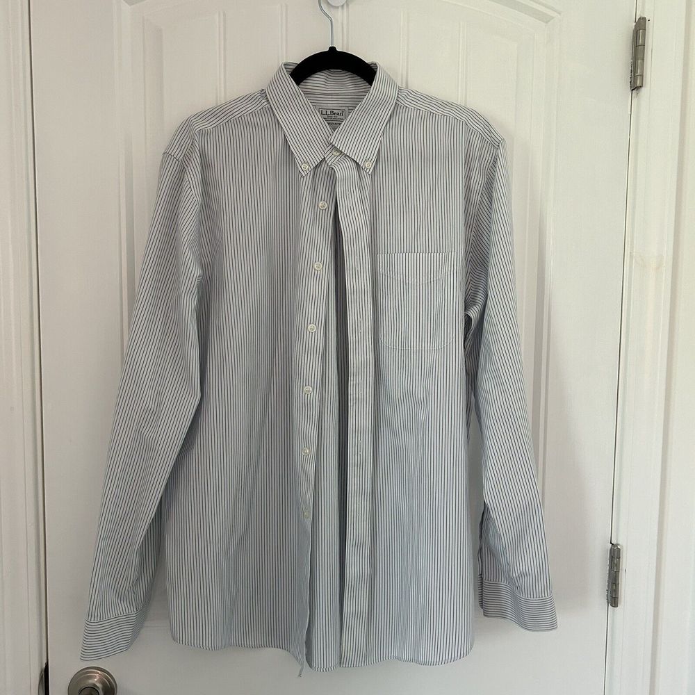 LL Bean Shirt Mens 16-35 Blue Stripe 100% Cotton Long Sleeve Button Down